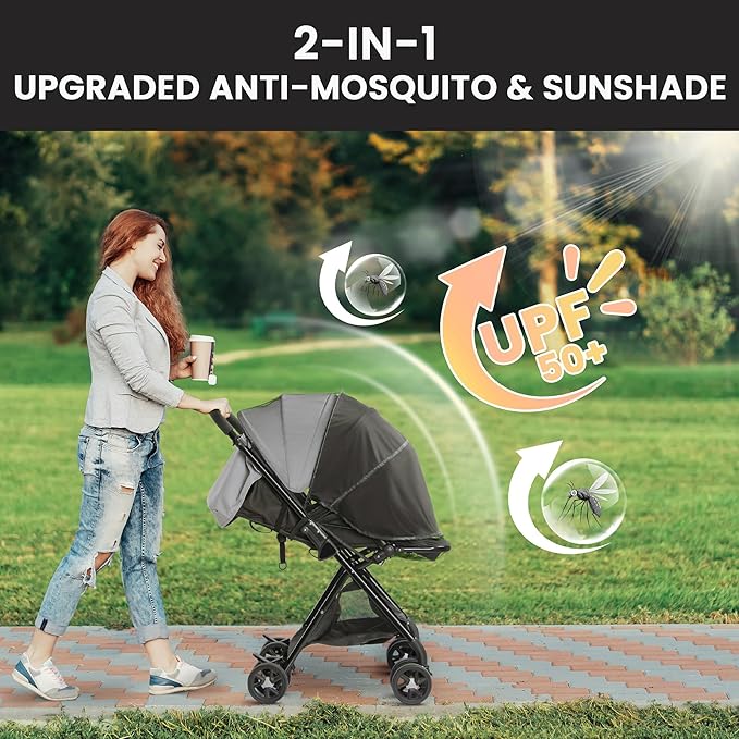 Bemece 2-in-1 Durable Baby Mosquito Net with UPF50+ Sunshade for Stroller, Universal Mosquito for Stroller with Two-Way Zippers & Storage Bag, Breathable & Foldable Baby Bug Net for Strollers