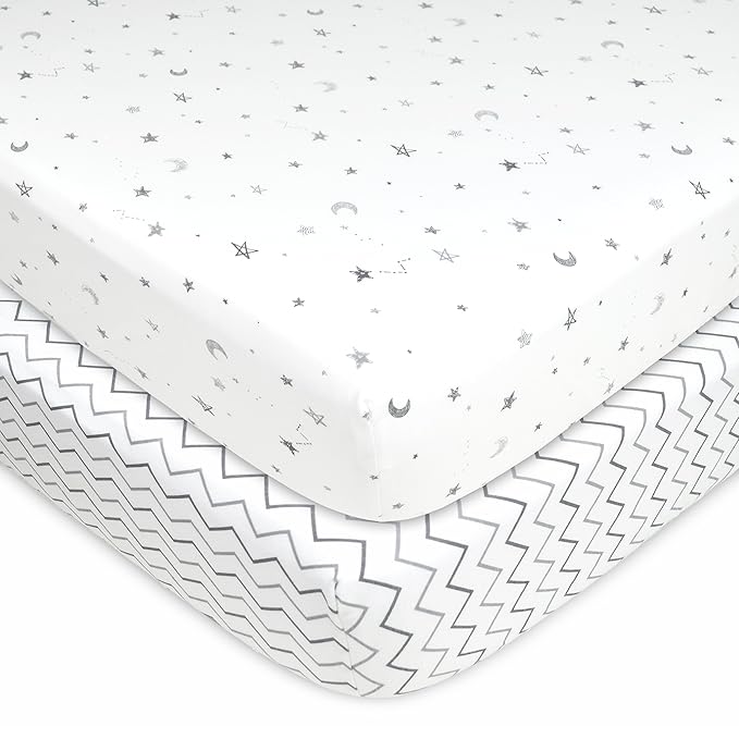 American Baby Company 2 Pack 100% Natural Cotton Fitted Crib Sheets 52" x 28" - Soft, Breathable, Hypoallergenic & Gentle Toddler Bed Sheets, Gray Star/Gray Zigzag, Neutral for Boys & Girls