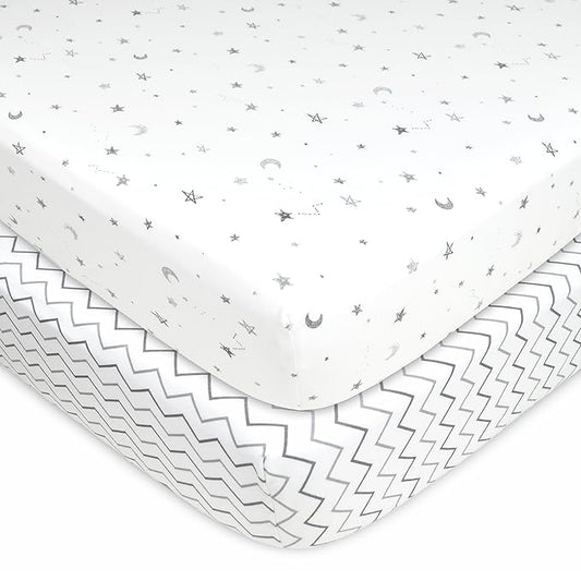 American Baby Company 2 Pack 100% Natural Cotton Fitted Crib Sheets 52" x 28" - Soft, Breathable, Hypoallergenic & Gentle Toddler Bed Sheets, Gray Star/Gray Zigzag, Neutral for Boys & Girls