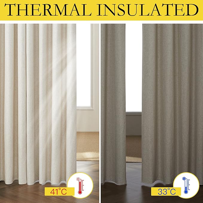 NICETOWN Natural Beige Linen 100% Blackout Dual Rod Pocket Curtains 120" Length 2 Panels with Thermal Insulated Liners, 52" Width, Farmhouse Style Extra Long Window Drapes for Patio Sliding Glass Door