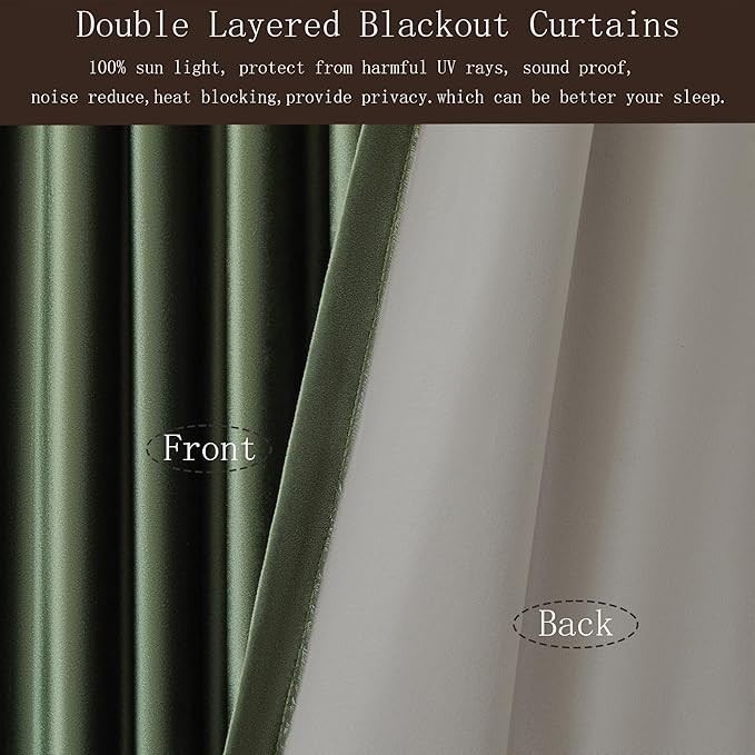 100% Full Blackout Olive Green Velvet Curtains 120 inch Long for Living Room,Set of 2 Liner Rod Pocket Back Tab Thermal Window Curtains Room Darkening Heavy Decorative Curtains Drapes for Bedroom
