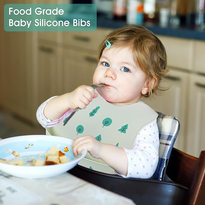 BEBE FAVOUR 2 Pack Silicone Baby Bibs Adjustable Fit Waterproof Bib With Leak Proof Food Pouch Catcher for Eating Boys Girls