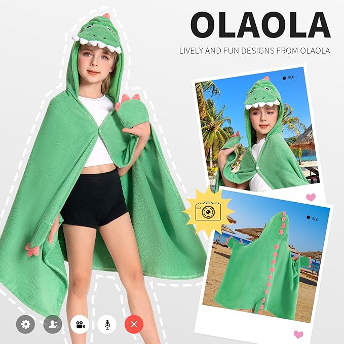 OLAOLA Dinosaur Hooded Towel for Kids 3-12 Years, 28" x 53" Soft Thick Absorbent Beach Towels, Toddler Bath Towel Wrap, Swim Pool Towels Poncho for Boys Girls