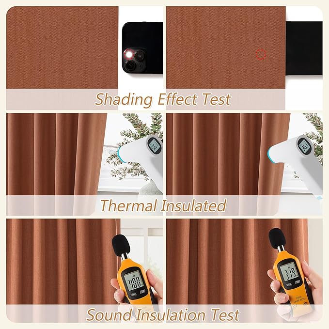 Guken Terracotta 100% Blackout Linen Curtains 63 Inch Length 2 Panels Set Fall Curtains for Living Room Bedroom Back Tab Thermal Insulated 100% Black Out Linen Drapes，52x63