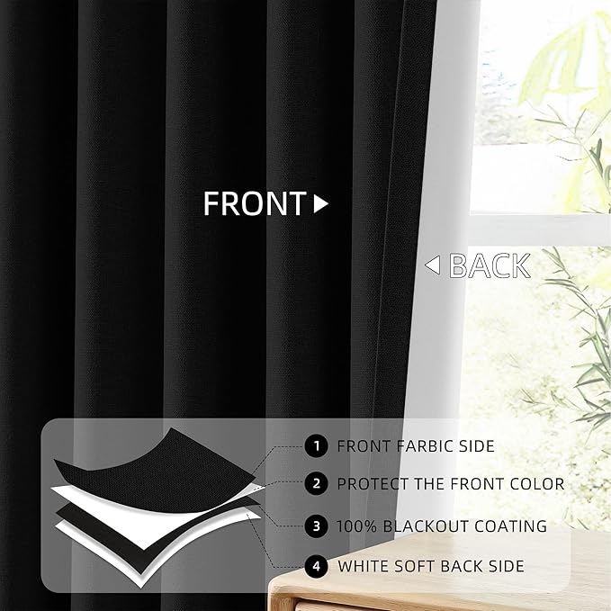 ChrisDowa 100% Blackout Linen Curtains 84 Inches Long 2 Panels for Bedroom Living Room Farmhouse Room Darkening Thermal Insulated Soundproof Grommet Top Window Treatment Drapes(52x84,Black)