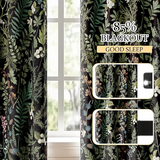 Retro Black Floral Leaf Blackout Curtains, Boho Vintage Botanical Flower Window Drapes, Living Room Bedroom Decor 2 Panels 52x84 Inch