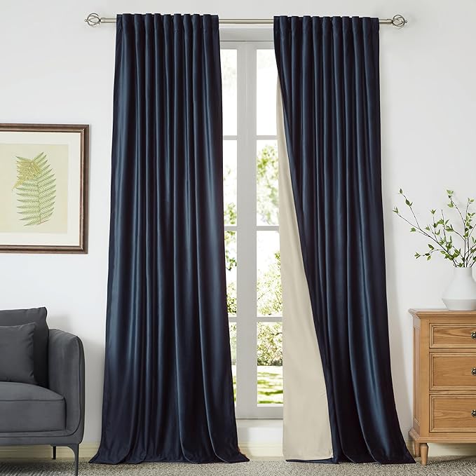 PRIMROSE 100% Full Blackout Navy Blue Velvet Curtains 90 inch Long for Living Room,Set of 2 Panels Liner Rod Pocket Back Tab Thermal Window Curtains Room Darkening Heavy Decorative Drapes for Bedroom
