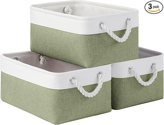 Storage Baskets for Shelves 13.8x9.8x6.7 Inch, Foldable Fabric Storage Bins with Handles, Small Storage Baskets for Organizing Closet, Office, Home Organization (3-Pack, White&Green)