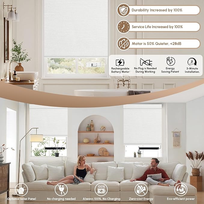 Kincmo No Drill Motorized Blinds with Remote, 100% Blackout Roller Shades for Windows, Custom Electric Blinds Compatible with Alexa, Apple Homekit, Google Home (100% Blackout Dreamy White)