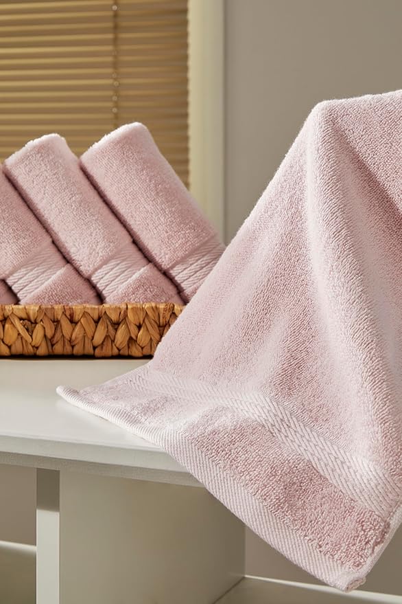 Ozdilek 6-Piece Washcloth Set 13x13 100% Turkish Cotton, 600 GSM, Soft, Gentle on Sensitive Skin, Multi-Purpose Use, Washable, Reusable, Ideal for Baby Care & Spa 6 Towels (Mauve Pink)