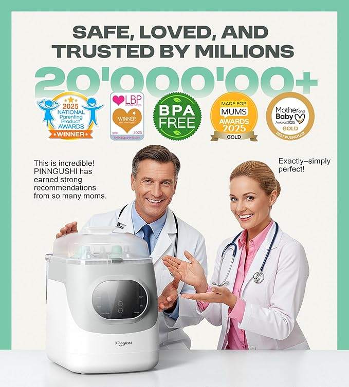 PINNGUSHI【Upgraded】Baby Bottle Washer Pro, Sterilizer, Dryer & Water-Filter, 5-in-One Cleaning Machine Fits 6 Bottles, Pump Parts & Baby Essential, No More Hand Washing for Busy Moms & Parents