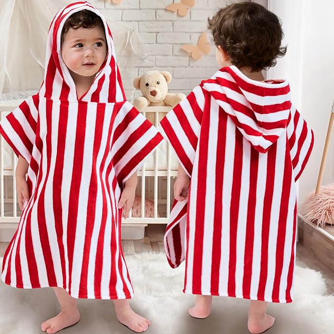 VOOVA & MOVAS Toddler Poncho Towels with Hood, Oversized (2-4Years,22"X22") Made from 100% Soft Cotton,Absorbent Hooded Towels for Baby Girls,Perfect for Pool | Swimming | Bath | Beach,Red Stripe