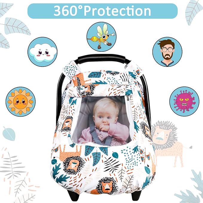Baby Car Seat Cover, Winter Car Seat Covers for Babies, Carseat Cover Boy, Mink Carseat Canopy with Window, Cozy & Warm Cover, Lion