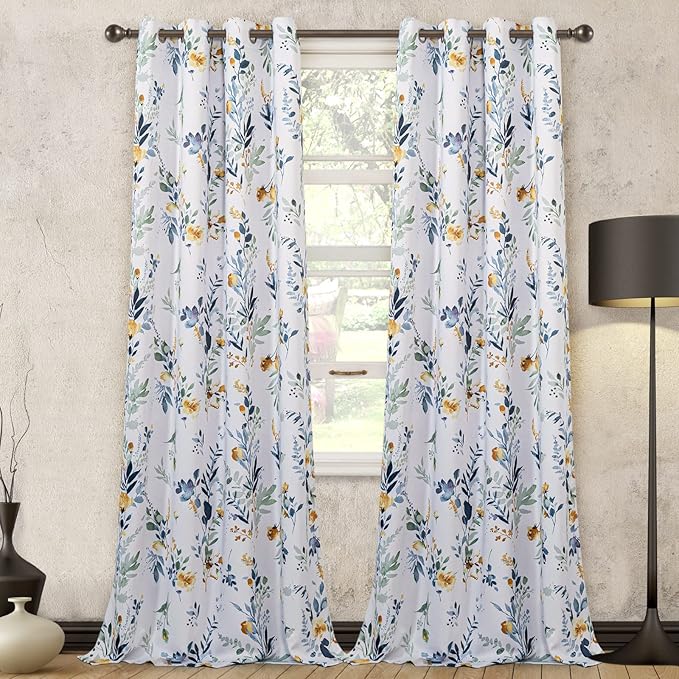 MYSKY HOME 102 inch Long Floral Curtains for Living Room Bedroom Curtains Thermal Insulated Light Blocking Window Curtains for Dining Room Patio Grommet Drapes, 2 Panels, Yellow and Blue