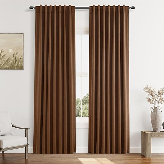 Guken 100% Blackout Linen Curtains 84 Inch Length 2 Panels Set for Living Room Bedroom Back Tab Thermal Insulated Black Out Linen Drapes Room Darkening Window Curtains 84 Inches Long,Caramel Brown