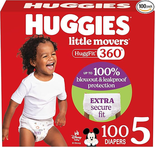 Huggies Size 5 Baby Diapers, Little Movers HuggFit 360° Baby Diapers with 360° Waistband, Size 5 (27+ lbs), 100 Count, Packaging May Vary
