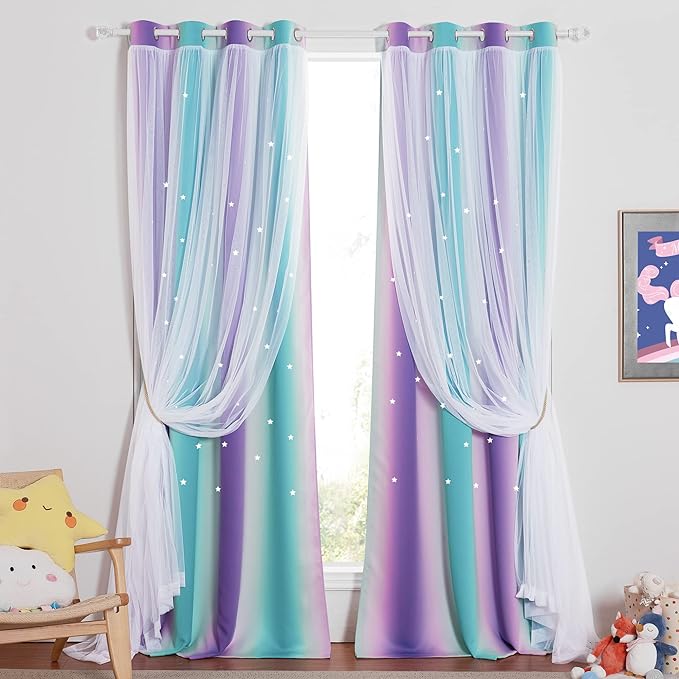 NICETOWN Girls Curtains for Bedroom Kids Room Decor White Mosquito Net & Blackout Ombre Drapes, Mix & Match Star Cut Curtain Panels for Nursery (Teal & Purple, Each is W52 x L84, Sold by 2 PCs)
