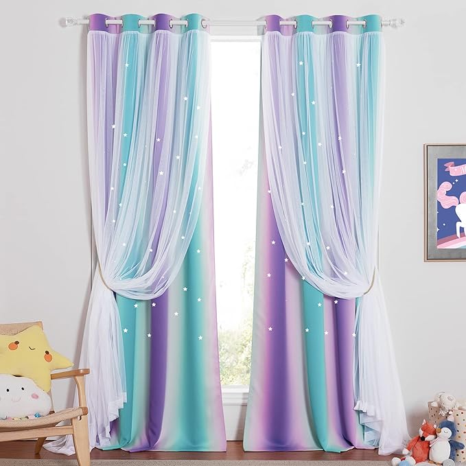 NICETOWN Star Curtains for Girls Bedroom, Mermaid Theme Nursery Decor for Girls, Kids Room/Living Room Mix & Match Sheer Attached to Star Cut Curtain Panels (Teal & Purple, 2 Pieces = W104 x L95)
