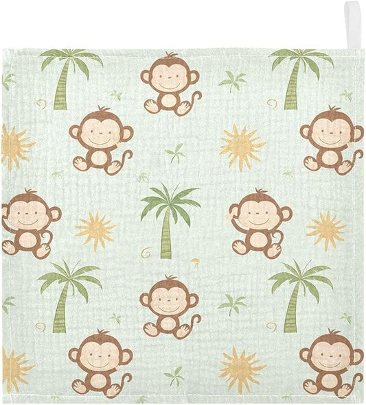 vvfelixl Baby Muslin Washcloths Cute Monkey Coconut Trees Baby Burp Cloths Cotton Babys Face Towel for Newborn Infants Boys Girls Soft and Absorbent 11.8 X 11.8 in, 3 Pack