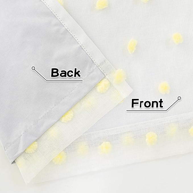 MYSKY HOME 100% Blackout Curtains for Nursery Thermal Insulated Yellow Pom Pom Curtains 63 Inch Length for Girls Bedroom 2 Panels Grommet White Sheer Curtains for Dining Room, 52W x 63L