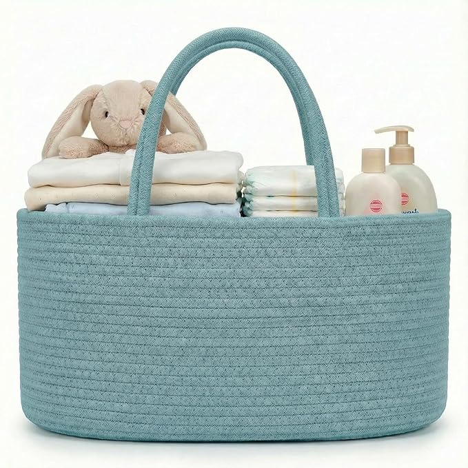 luxury little Diaper Caddy Organizer, Large Cotton Rope Nursery Baby Basket, Changing Table Organizer for Baby Diaper Storage, Portable Car Organizer Removable Divider (Lake Blue, Extra Large)