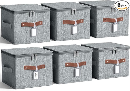 6 Pack Fabric Closet Storage Bins with Zipper Lids and Label, 15x10x10In Large Size Foldable Cotton Linen Storage Cubes Boxes with PU Leather Handles Holders for Bedroom, Shelf, Nursery, Gray