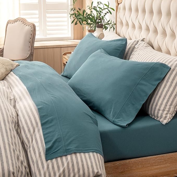 PURE ERA Jersey Knit 3pcs Bed Sheet Set 100% T-Shirt Cotton Super Soft Comfy Breathable Fits Mattress Up to 20" Extra Deep Pocket (Solid Cerulean Blue,Twin XL)