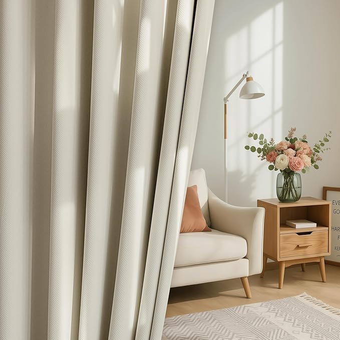 FMFUNCTEX 100% Blackout Curtains for Bedroom, Beige Curtains 63 Inches Long Textured Thermal Insulated Curtains for Living Room Drapes, Black Out Drapery Grommet Room Darkening 2 Panels,40" W x 63" L