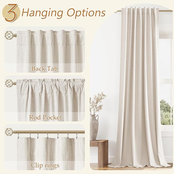 Guken 100% Blackout Curtains 63 Inch Length 2 Panels Set for Living Room Bedroom Back Tab Thermal Insulated Black Out Linen Drapes Room Darkening Window Curtains 63 Inches Long