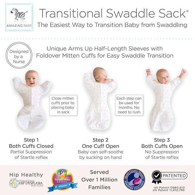 Amazing Baby Transitional Swaddle Sack, Arms Up Half-Length Sleeves & Mitten Cuffs, Swaddle for Newborn Transition to Baby Sleep Sack Wearable Blanket, Medium, 3-6 month, 14-21 lb, Pink Tiny Bows