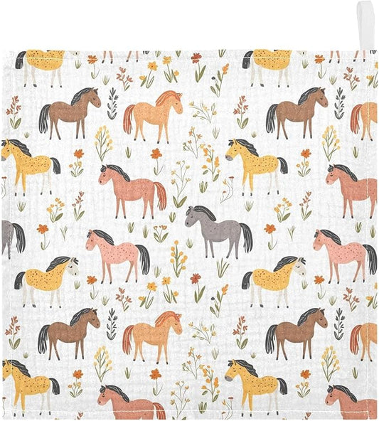 vvfelixl Baby Muslin Washcloths Cartoon Horses Graze Baby Burp Cloths Cotton Babys Face Towel for Newborn Infants Boys Girls Soft and Absorbent 11.8 X 11.8 in, 3 Pack