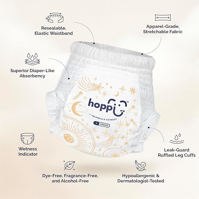 Hoppi Pull Up Style Diapers, Size 4, Pull-On Training Pants Baby Diaper with 360° Waistband | Ultra Absorbent Overnight Protection | Hypoallergenic for Sensitive Skin | 2T-3T (20-31 lbs), 38 Count