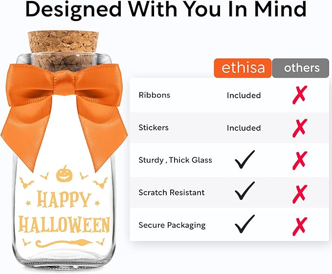 Ethisa Vintage 12 Pack Halloween Glass Jars with Ribbons and Stickers - Candy Party Favors for Trick or Treat - Halloween Party Favors and Table Centerpieces Decorations - Halloween Theme Potion Jars