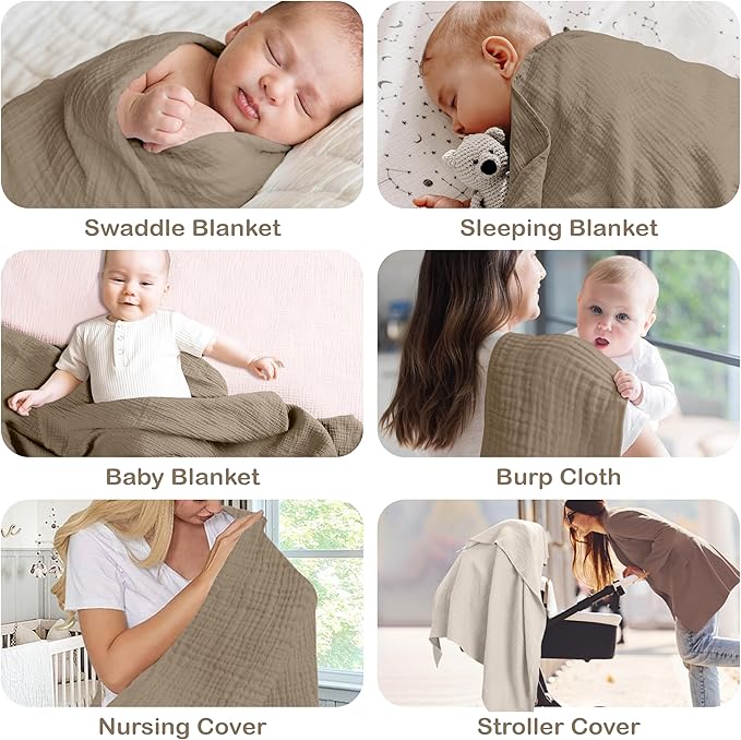 100% Organic Cotton Muslin Baby Blanket - 47 x 47 Inch Breathable Baby Girl Swaddle Blanket, Hypoallergenic Double-Layer, Soft and Cozy Baby Blankets for Sleeping & Everyday Use (Olive/Ivory)