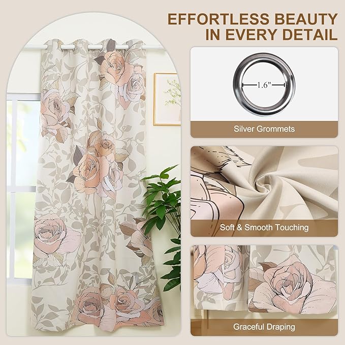 Floral Bedroom Living Room Blackout Window Curtains 84 Inch Long, Room Darkening Black Out Bedroom Curtains 2 Panel Sets, Grommet Nursery Girls Light Filtering Soundproof Insulated Curtains for Winter