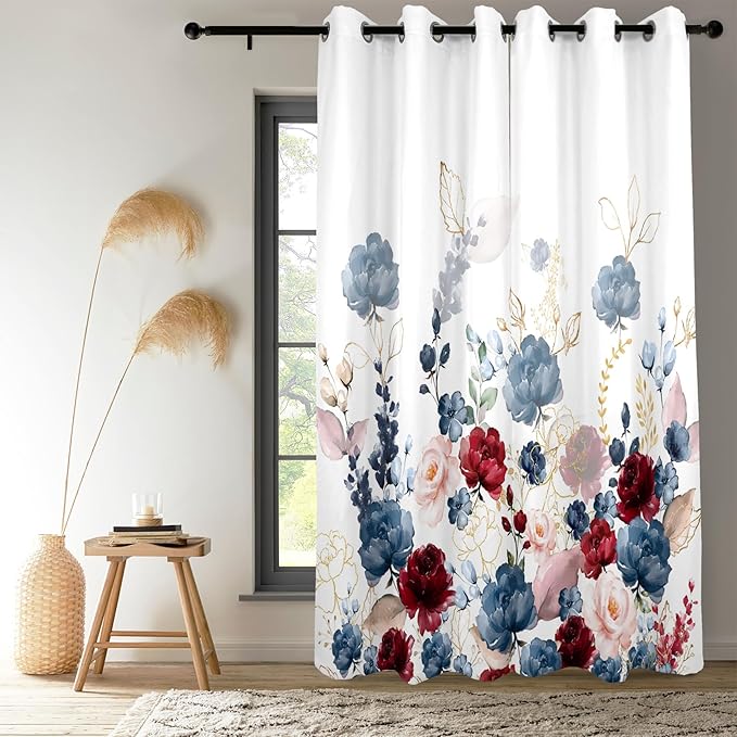 Renaiss Floral Blackout Curtains Watercolor Gray Blue and Red Peony Flower Bloossom Thermal Insulated Window Drapes for Bedroom 29W x 55L inches 2 Panel Set Window Curtains for Kitchen