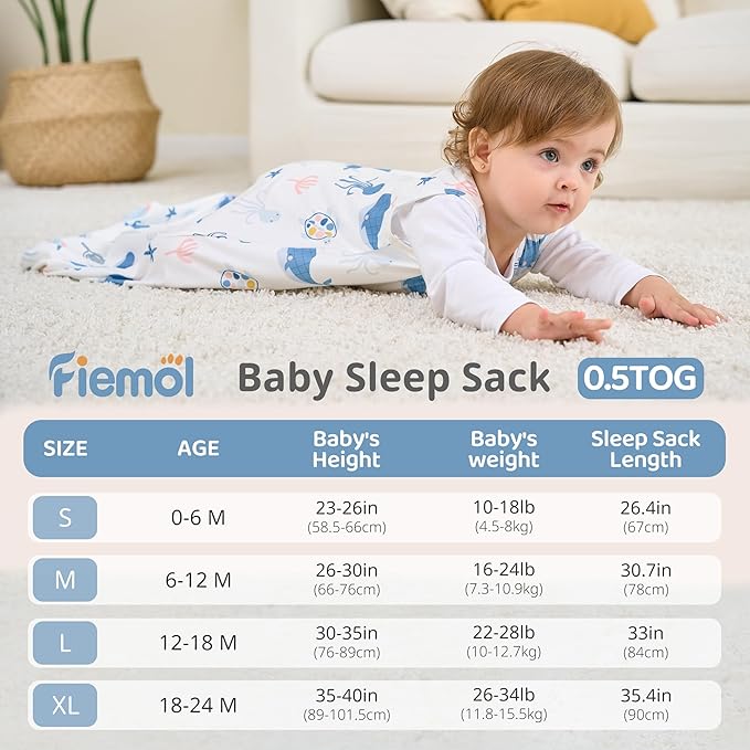 FIEMOL Baby Sleep Sack 6-12 Months, 0.5 TOG Wearable Blanket for Baby Boy and Girl, 2-Way Zipper Newborn and Infant Sleeping Bag 2 Pack, Lightweight Sleep Sacks Blue Whale（Medium）