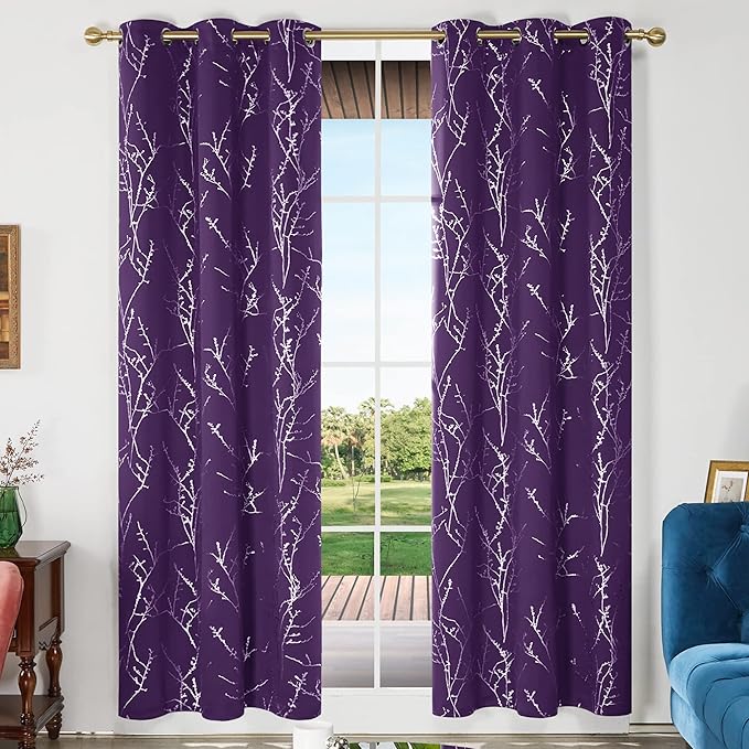 Deconovo Blackout Curtain, Purple Curtains, Thermal Insulated Soundproof Grommet Drapes, Silver Tree Foil Print, 42 x 84 Inch, 2 Panels, Machine Washable Window Panel for Living Room Bedroom Office