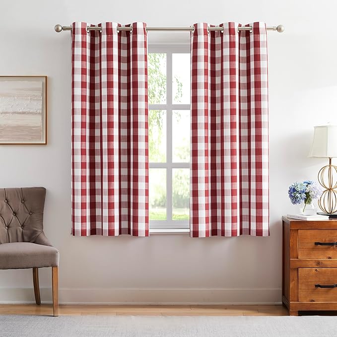 Amzdecor Red White Buffalo Plaid Full Blackout Curtains 63 Inch Long for Bedroom Living Room Farmhouse Check Patterned Drapes Thermal Insulated Soundproof Grommet Window Treatment, 2 Panels, 40"x63"