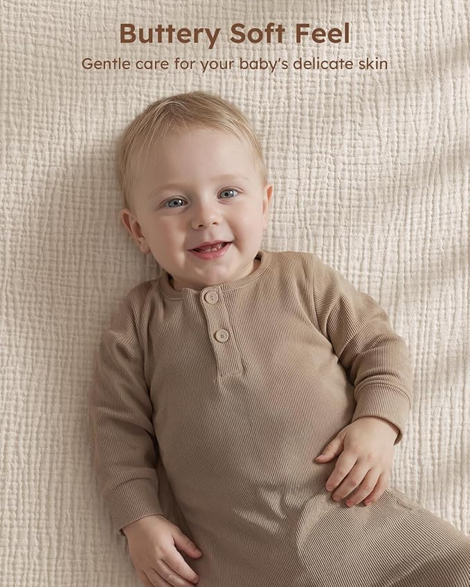 Muslin Crib Sheets for Boys Girls, 100% Cotton Fitted Crib Sheet 2 Pack for Standard Crib and Toddler Mattress, Breathable Soft Baby Sheet 28x52x8in Beige & Brown