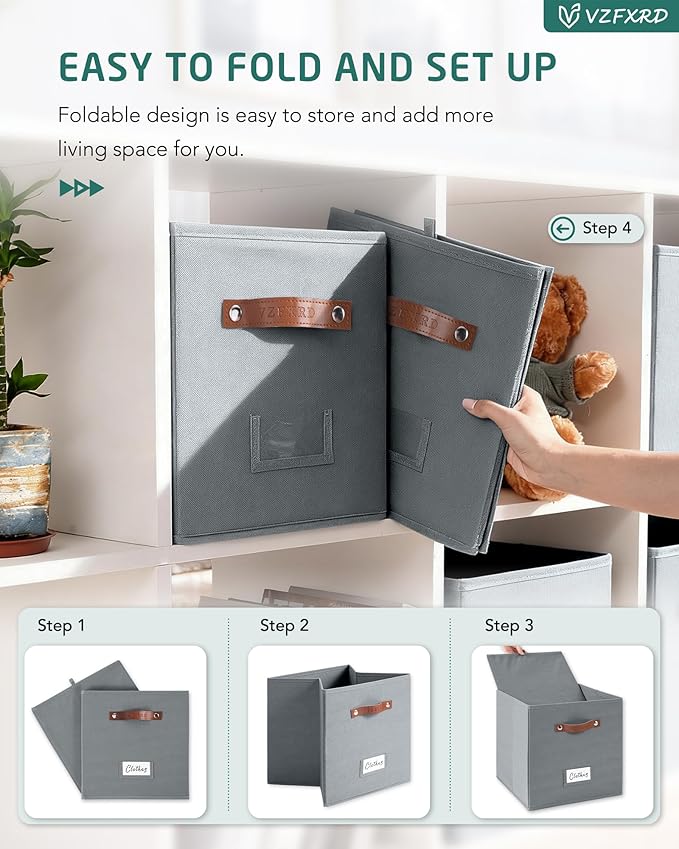 13 Inch Cube Storage Bin Fabric Basket with Handles and Labels, Cube Storage Organizer for Closet, Bedroom, Living Room (Gray,6 Pack)