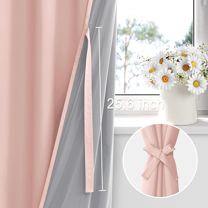 XWZO 100% Blackout Curtains with Tiebacks- Heat and Full Light Blocking Window Treatment with Black Liner for Bedroom/Nursery, Grommet Top, Blush Pink, W42 x L72 Inches Long, Set of 2