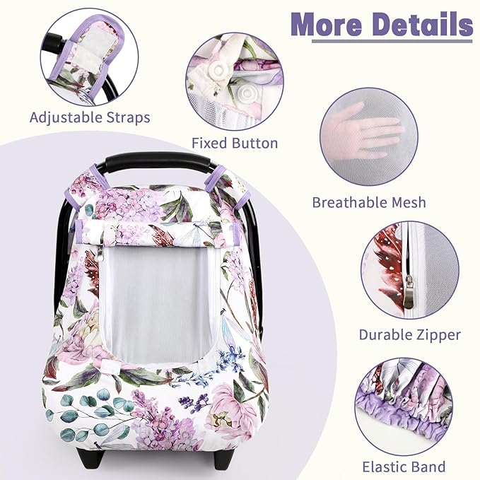 Car Seat Cover Baby, HNHUAMING Infant Car Seat Covers Canopy for Baby Girl Boy, Cozy & Windproof Newborn Carseat Covers Minky Dot Backing Stroller Cover with Breathable Mesh Window, Purple Floral