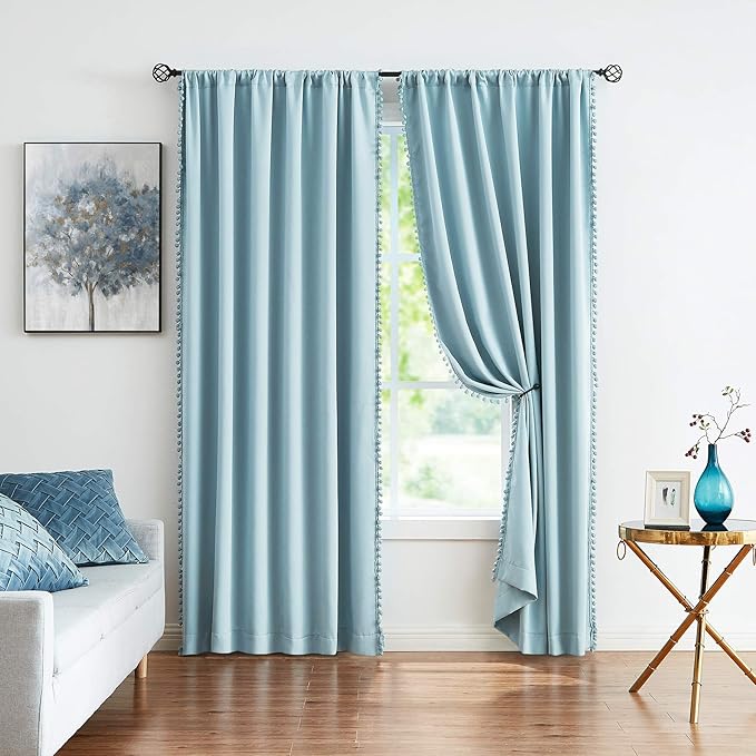 Treatmentex Pom-Pom Blue Curtains Living Room 90 inches Energy Efficient Thermal Insulated Room Darkening Curtain Panels for Bedroom Window Draperies Nursery Room Children 52" w x2 Panels Rod Pocket
