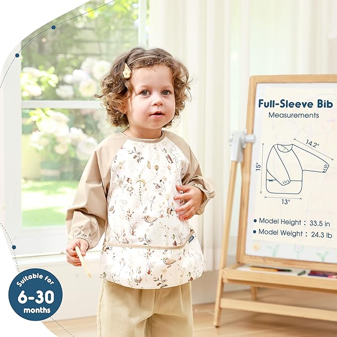 GRSSDER 2 Pack Long Sleeve Baby Feeding Bibs, Super Soft Lightweight Waterproof Coverall Baby Led Weaning Bib with Large Food Catcher Pocket, Adjustable and Easy Clean for 6-30 Months