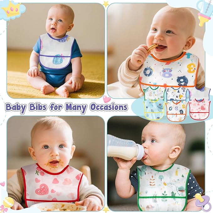 2ooya 6Pcs Baby Feeding Bibs with Crumb Catcher Pocket Waterproof Sleeveless Teething Plastic Food Bib Set Adjustable Toddler Infant Keepsake Gift for Baby Shower, 6-24 Months