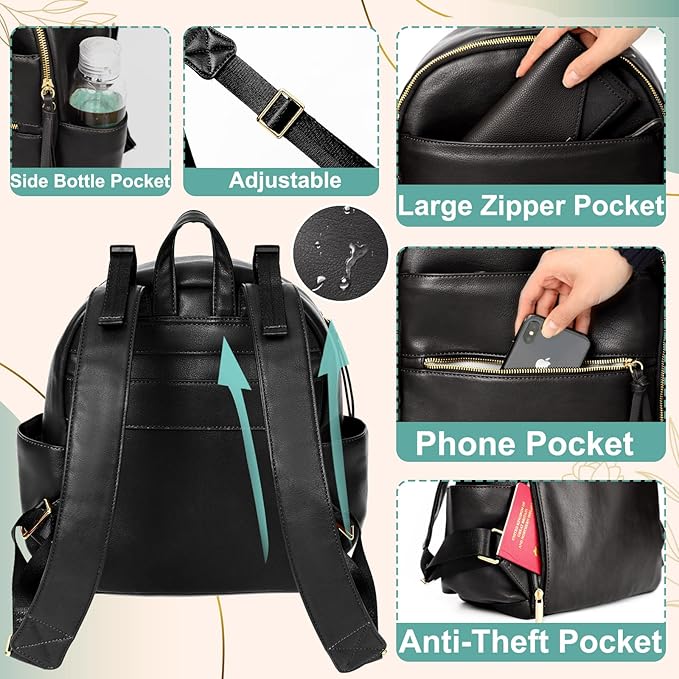 MOMINSIDE Small Diaper Bag Backpack, Mini Diaper Bag with 11 Pockets, Leather diaper backpack, Baby Diaper Bag for Baby Girls, 2 Insulated Pockets, Stroller Straps (Black)