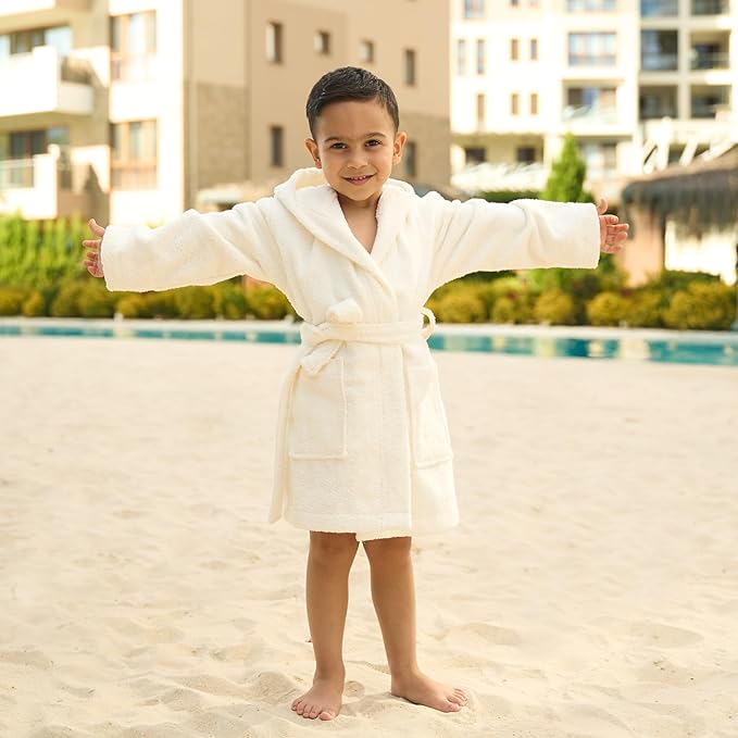 BAGNO MILANO Kids Organic Turkish Cotton Hooded Beach Cover-Up Towel, GOTS Certified, for Boys and Girls (Cream, 9-11 Years)