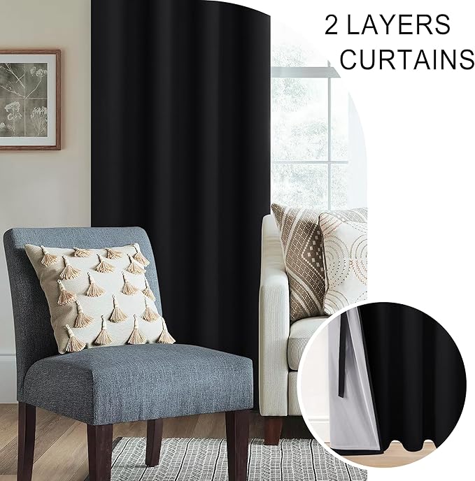 XWZO Complete Blackout Shades Window Curtain Panels with Tiebacks- Noise Reduction and Light Blocking Grommet Curtains with Black Liner for Studio, Basement Room, Black, W38 x L72, Set of 2