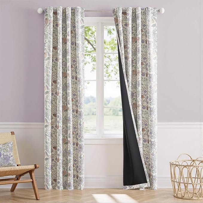 Vangao Purple Nursery Curtains for Girls Room Easter Floral 100% Blackout Curtains 84 Inch Length Farmhouse Drapes for Bedroom Room Darkening Flower Patterned Window Treatment for Kids Set of 2